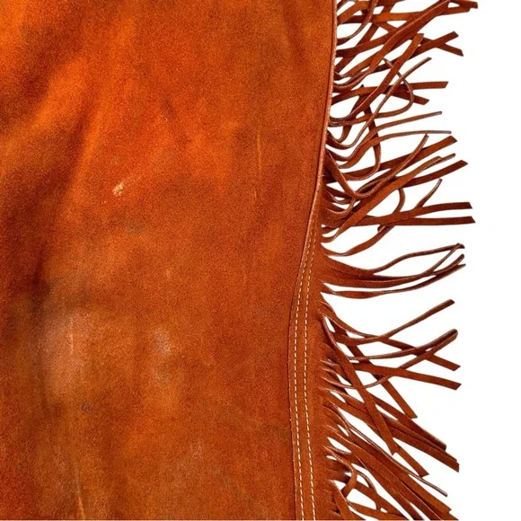TALON ZIPPER RARE Pre 1960s Vintage Brown Distressed Suede Fringe Trim Chaps - Picture 5 of 12